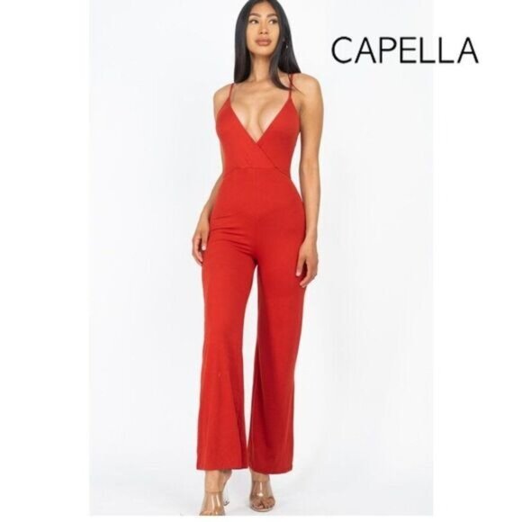 Capella‎ Women’s Sexy Deep V Neck Spaghetti Strap Surplice Jumpsuit Romper - Picture 1 of 5